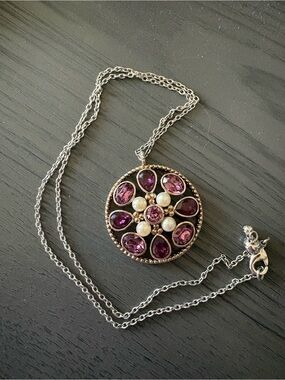 Touchstone Crystal Purple Crystal and Pearl Round Pendant Necklace